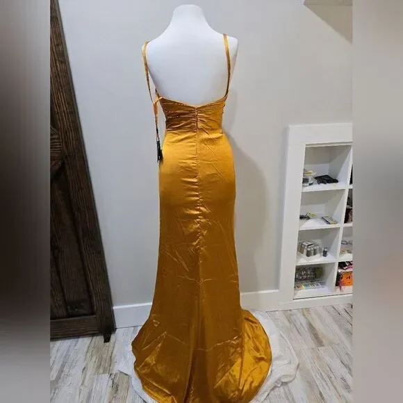 Mac Duggal 26585 Satin Sleeveless Faux Wrap Ruched Gown NWT sz 0 Marigold/Yellow - Picture 5 of 6